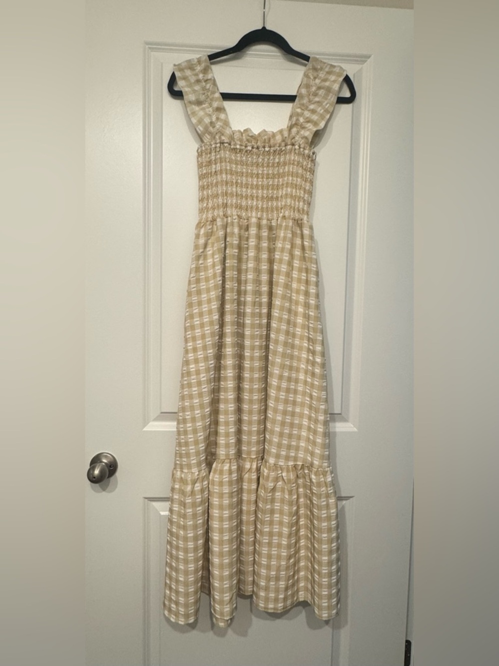 Smocked Gingham Ruffle Strap Dress With Pockets
